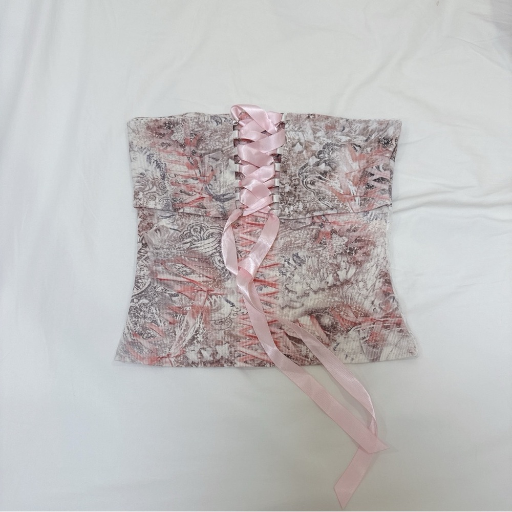 Pink and Gray Lace-Up Corset Top